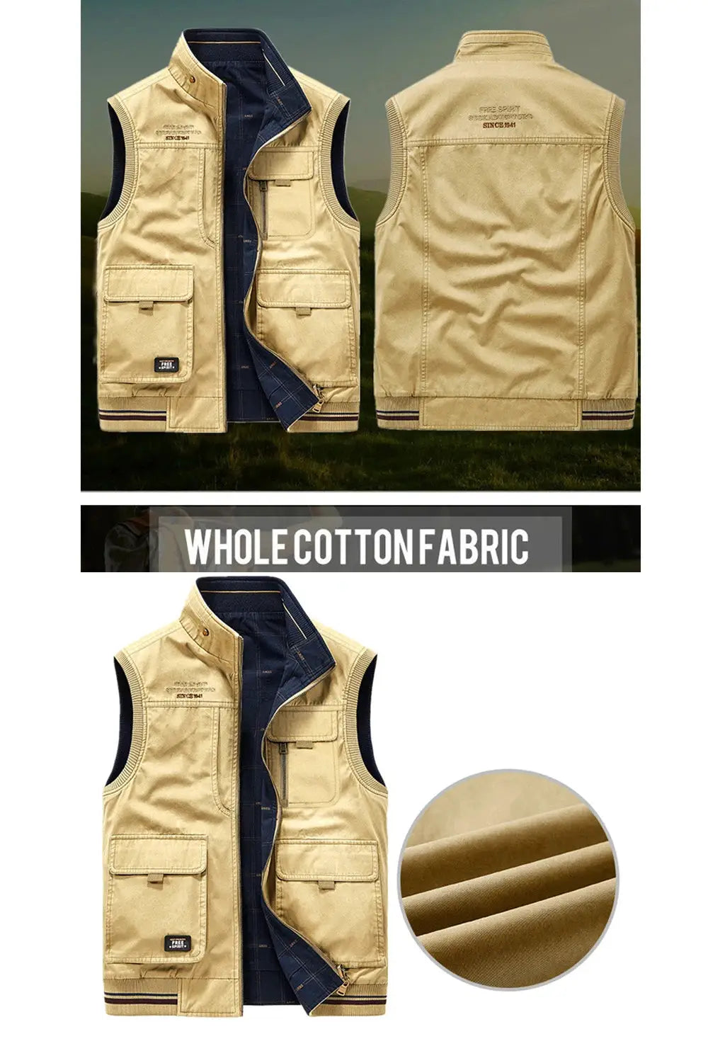 Men's beige cotton vest with multiple pockets; Simples Market sleeveless waistcoat
