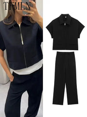 TFMLN Women Slim Lapel Zipper Coat Two Piece Set Wide Leg Pants Black