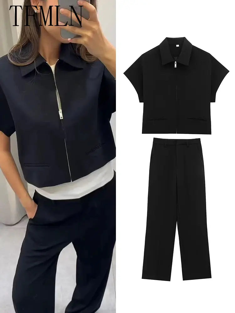 TFMLN Women Slim Lapel Zipper Coat Two Piece Set Wide Leg Pants Black
