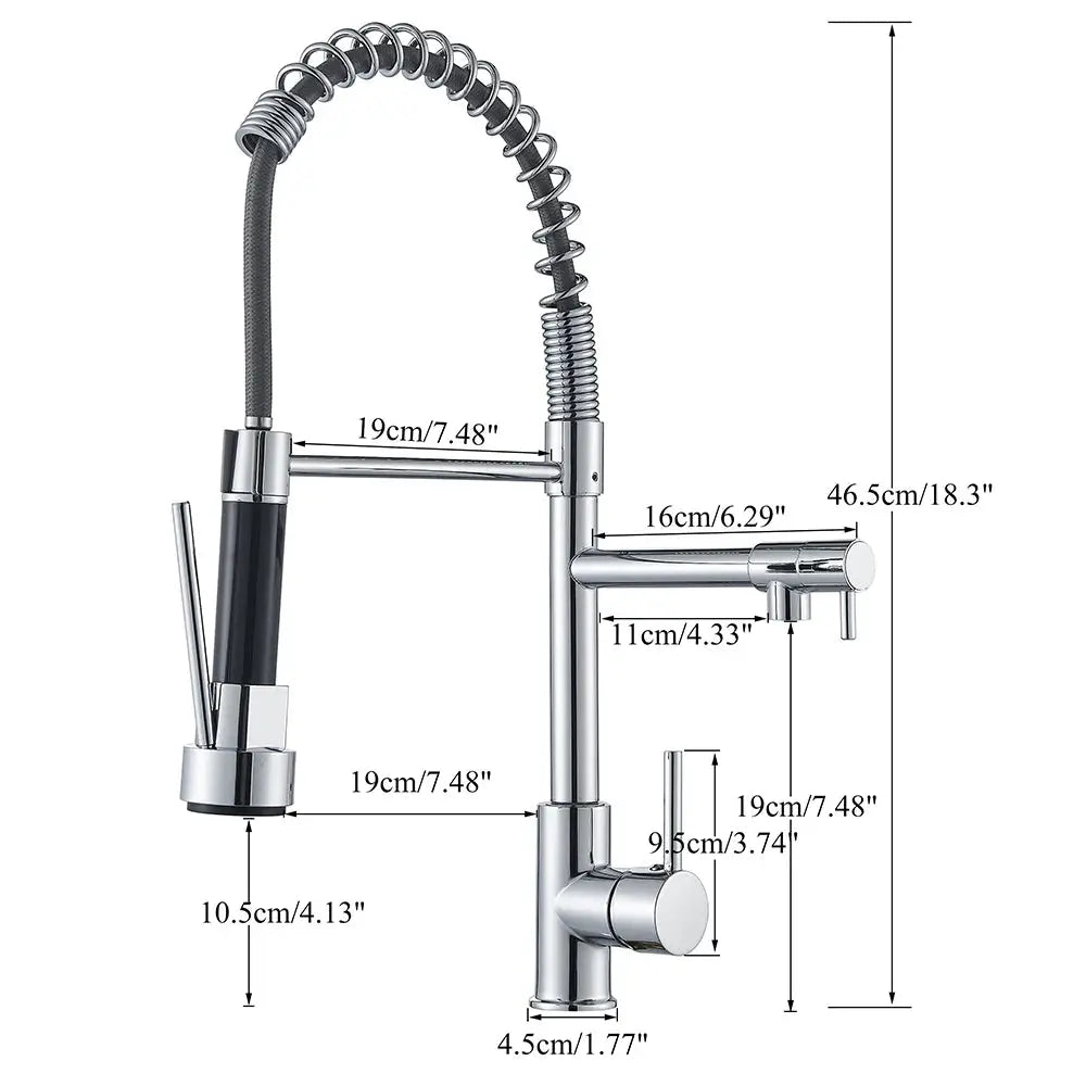 Chrome pull-down kitchen faucet with flexible spring hose and deck-mount installation