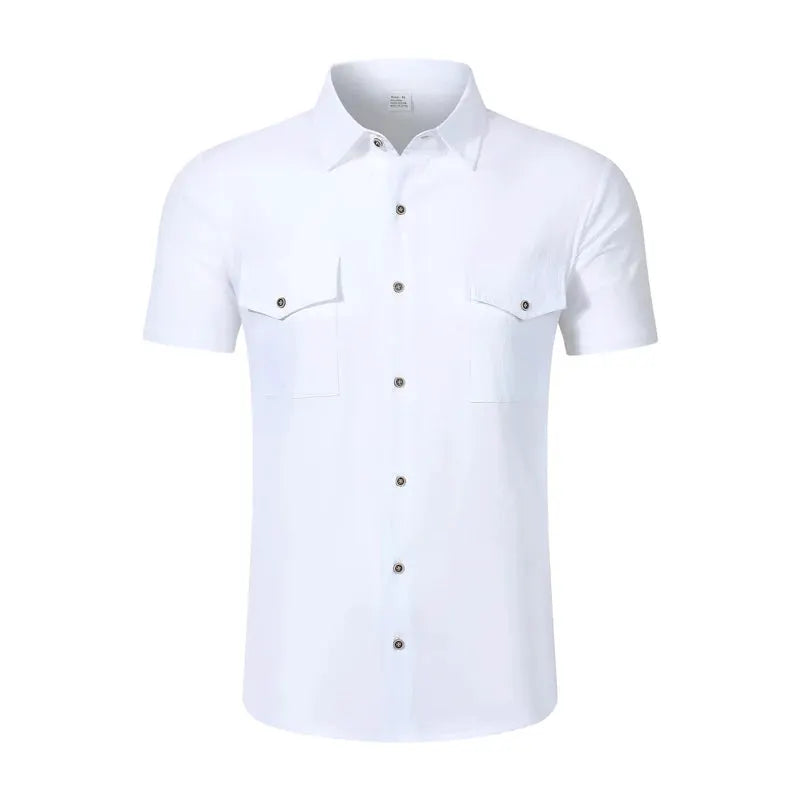 Men's linen button-up short-sleeve shirt with lapel collar and double chest pockets.