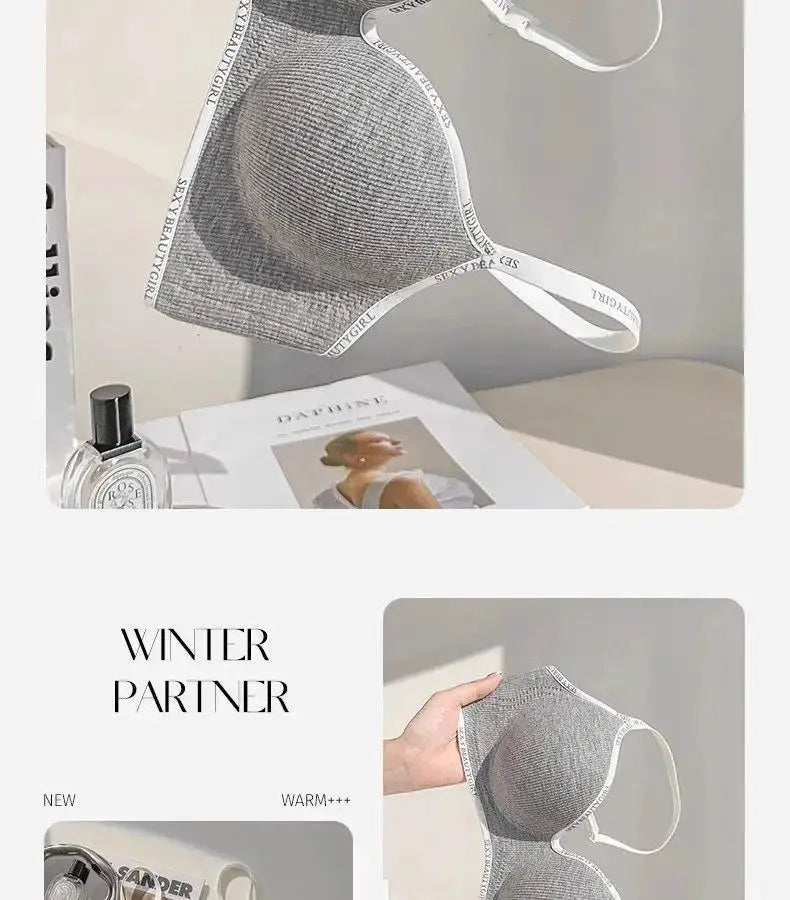 Gray wireless push-up bra with 6cm thickened cups, adjustable straps, anti-slip pads, seamless ribbed fabric