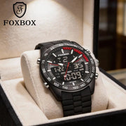 FOXBOX luxury men's digital wristwatch with tachymeter bezel, black metal strap, in presentation box