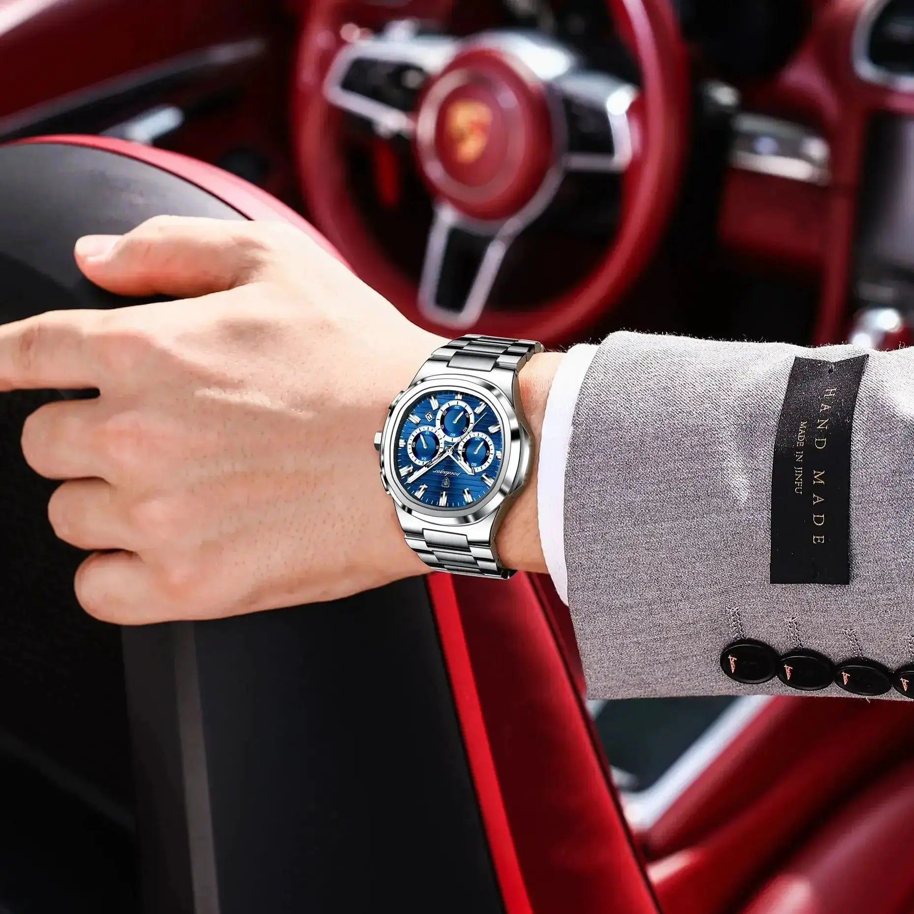 POEDAGAR men's stainless steel chronograph wristwatch with blue dial