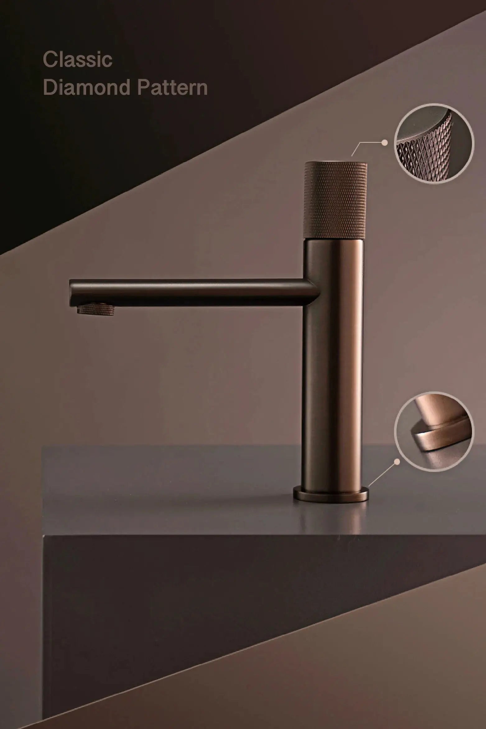 Brass-black bathroom faucet with knurled handle and long spout, hotel-style.