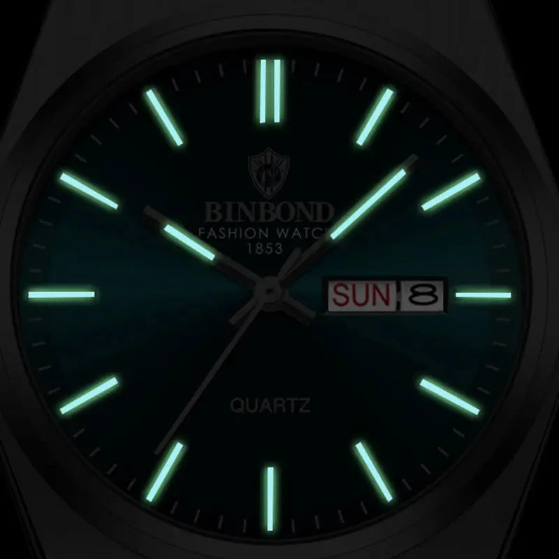 BINBOND men's fashion watch with luminous markers and calendar date display