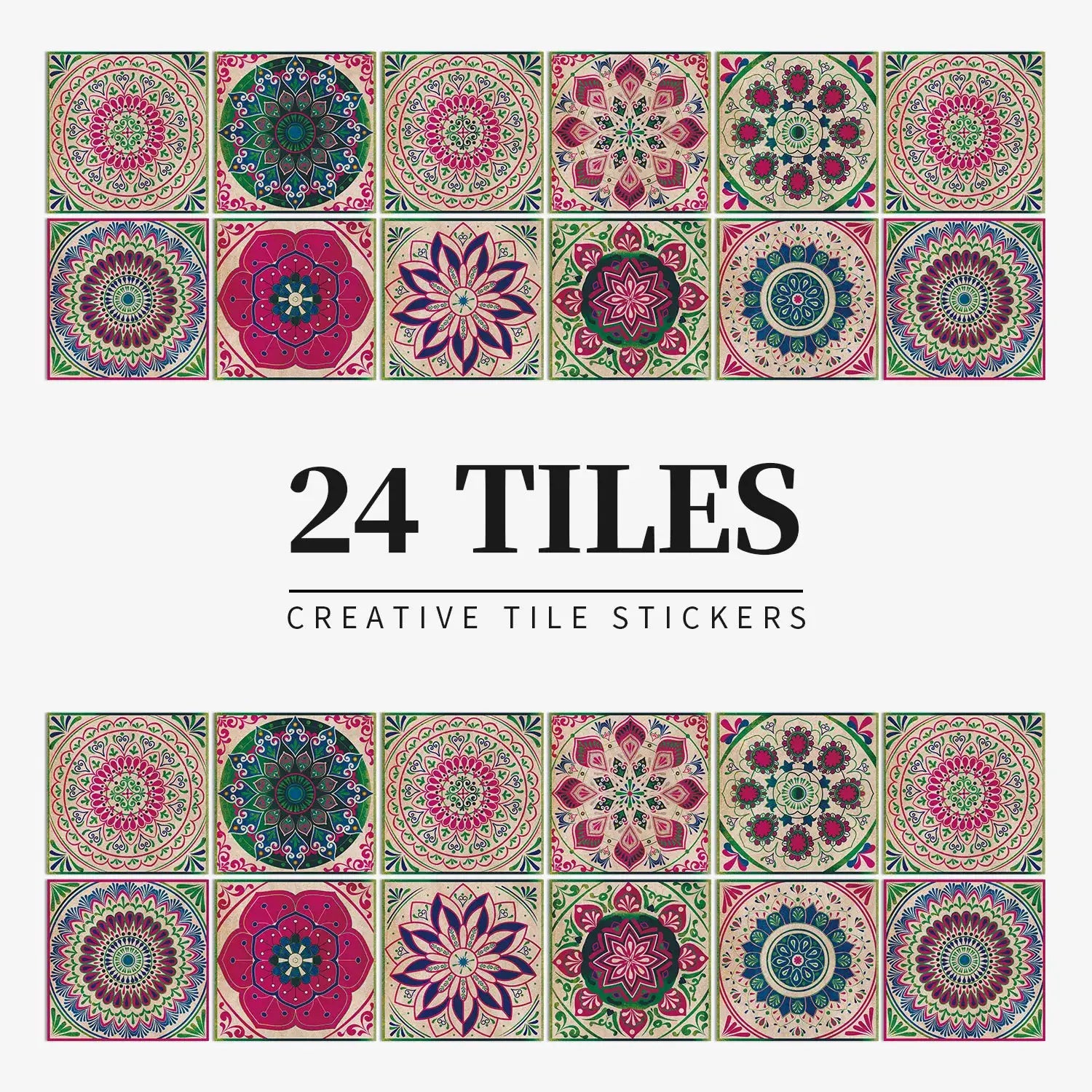 24-piece tile sticker set with colorful mandalas; Simples Market waterproof self-adhesive wall decals for kitchen/bath.