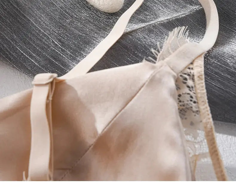 Simples Market SuyaDream wireless lace-padded bra in nude beige silk blend with lace trim