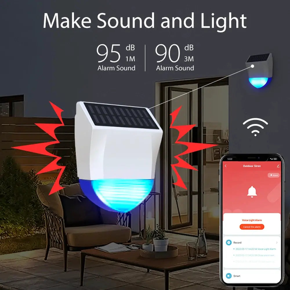 Tuya smart outdoor solar siren by Simples Market with blue LED beacon, 95dB, Zigbee/WiFi, USB power, app control