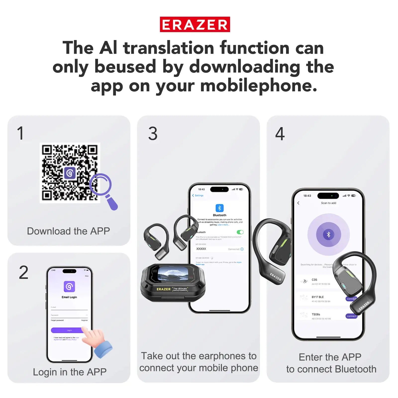 Erazer XP6 AI translator earbuds, black wireless Bluetooth headphones with app setup