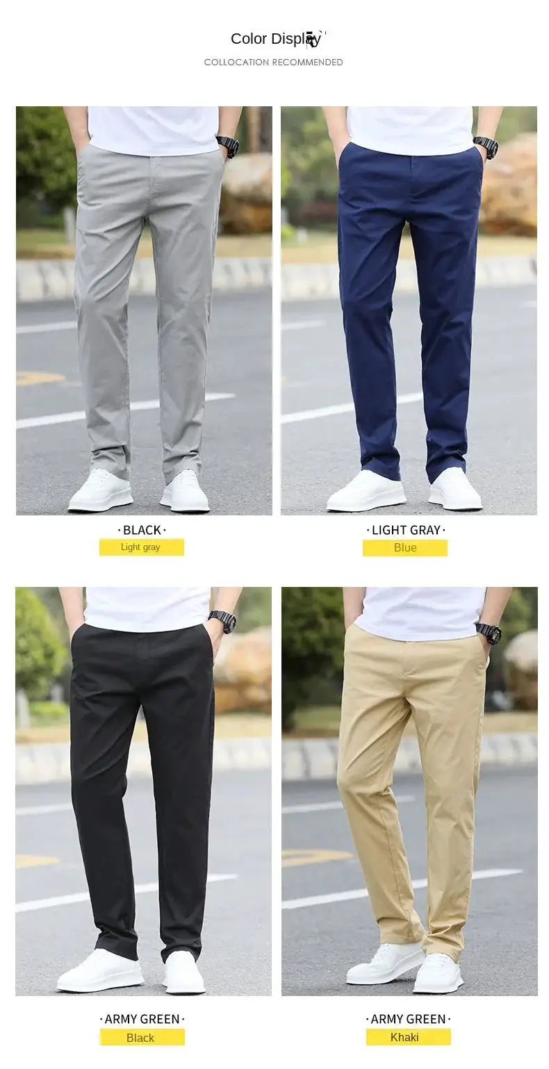 Men's cotton chinos in four colors (light gray, blue, black, khaki) by Simples Market.