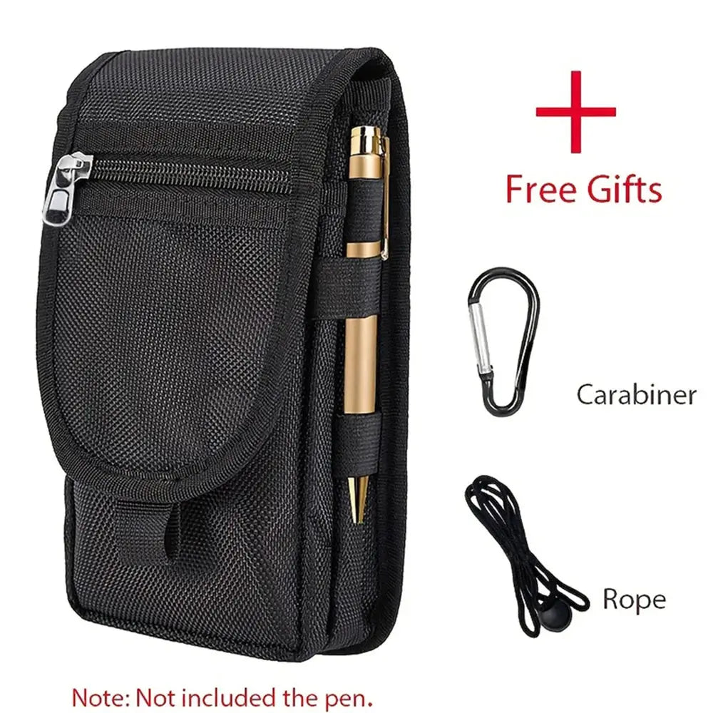 Multifunctional outdoor waist bag with MOLLE phone pouch, black nylon; Simples Market, includes carabiner and rope.