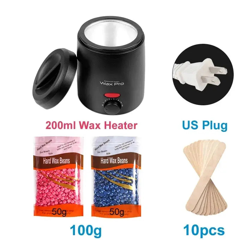 Simples Market Wax Heater 200ml black with lid and US plug; includes two 50g hard wax beans pink/blue and 10 spatulas.