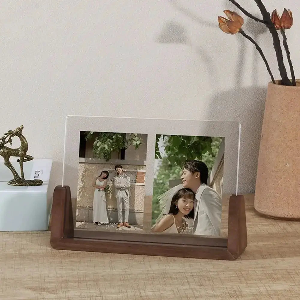 Photo frame, walnut/beech wood with acrylic U-shaped stand, dual wedding photos for desktop display