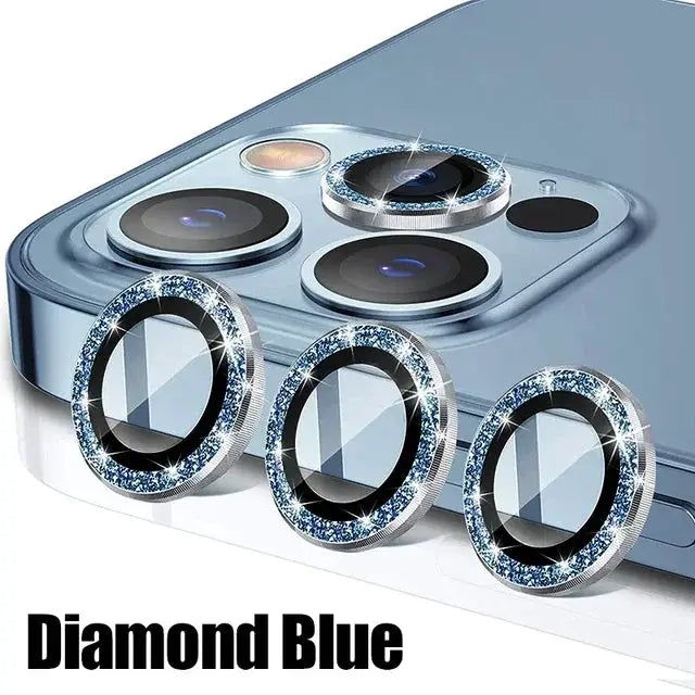 3-piece metal lens protector rings in diamond-blue for iPhone rear camera lenses