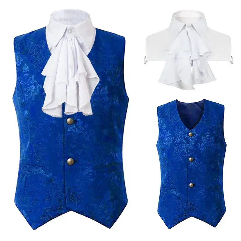 Men's blue jacquard waistcoat set, 2-pack with white ruffled cravat, Simples Market renaissance steampunk vest
