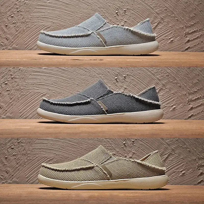 Men's canvas slip-on loafers; three color variants gray, charcoal, beige; lightweight casual footwear