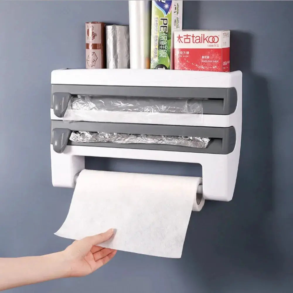 4 In 1 Adhesive Wall Mount Kitchen Organizer Paper Towel Holder Tissue Dispenser Film Cutter Sauce Bottle Rack