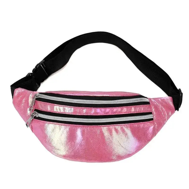 Holographic pink fanny pack waist bag with black adjustable strap and two zippers