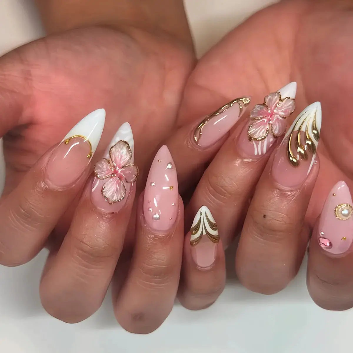 GlamNail Pink Almond Press On Nails Full Coverage Carved Flower 3D Ripple French Tips Golden Pearl Finish