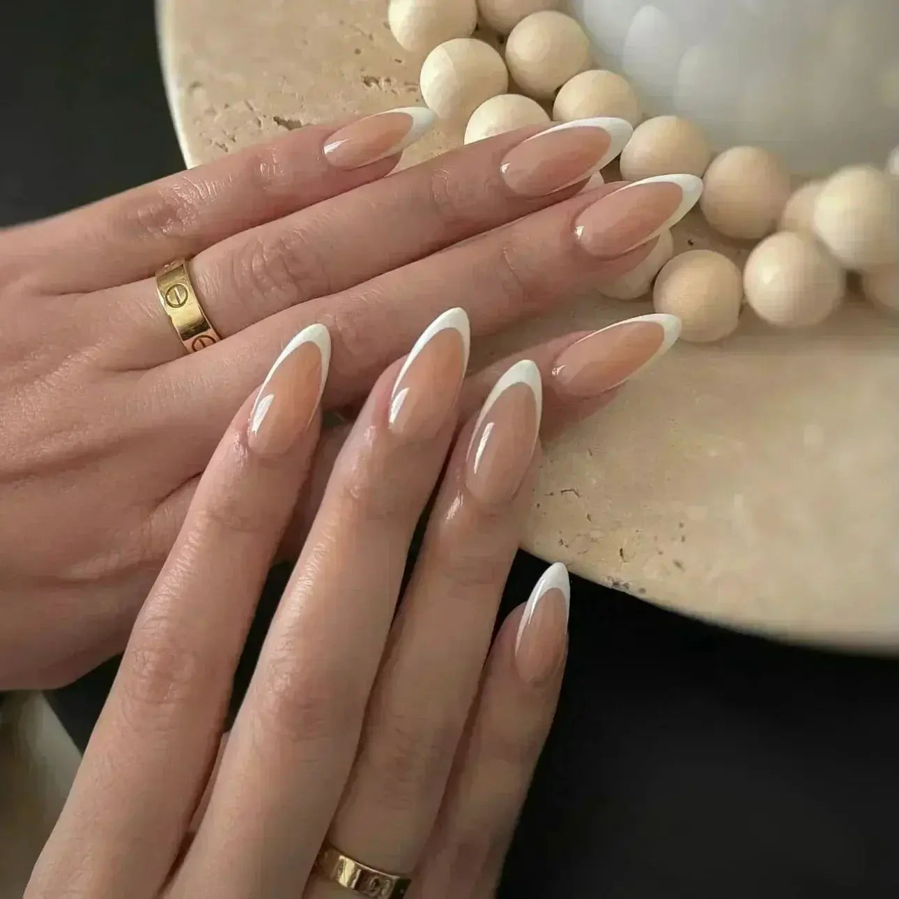 Glamora French Almond False Nails 24 Piece Press On Stiletto Tips With White Edge Design Glue Included For Wearable Glam