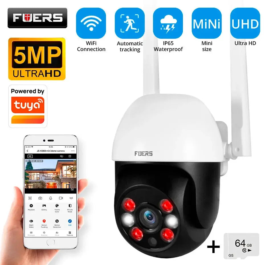 Fuers outdoor white 8MP 4K IP security camera with AI tracking, human detection, WiFi; includes 64GB microSD