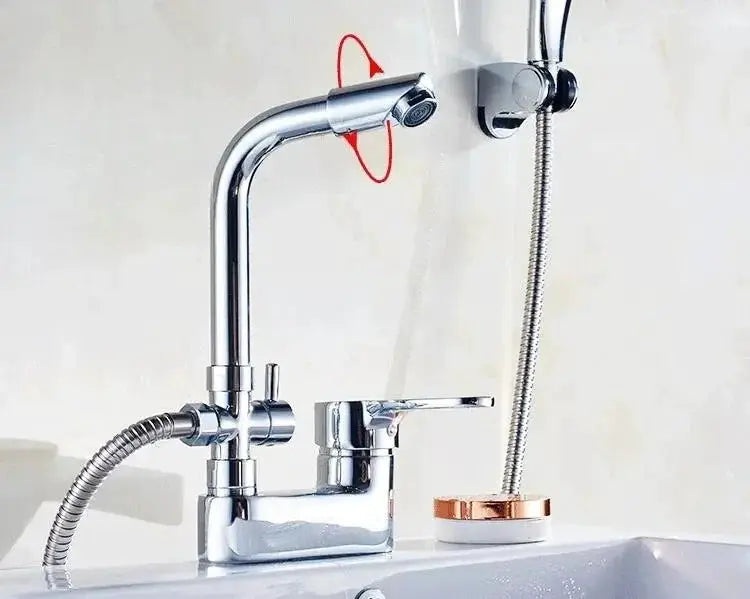 Chrome basin shower faucet with a single-handle deck-mount mixer and handheld sprayer