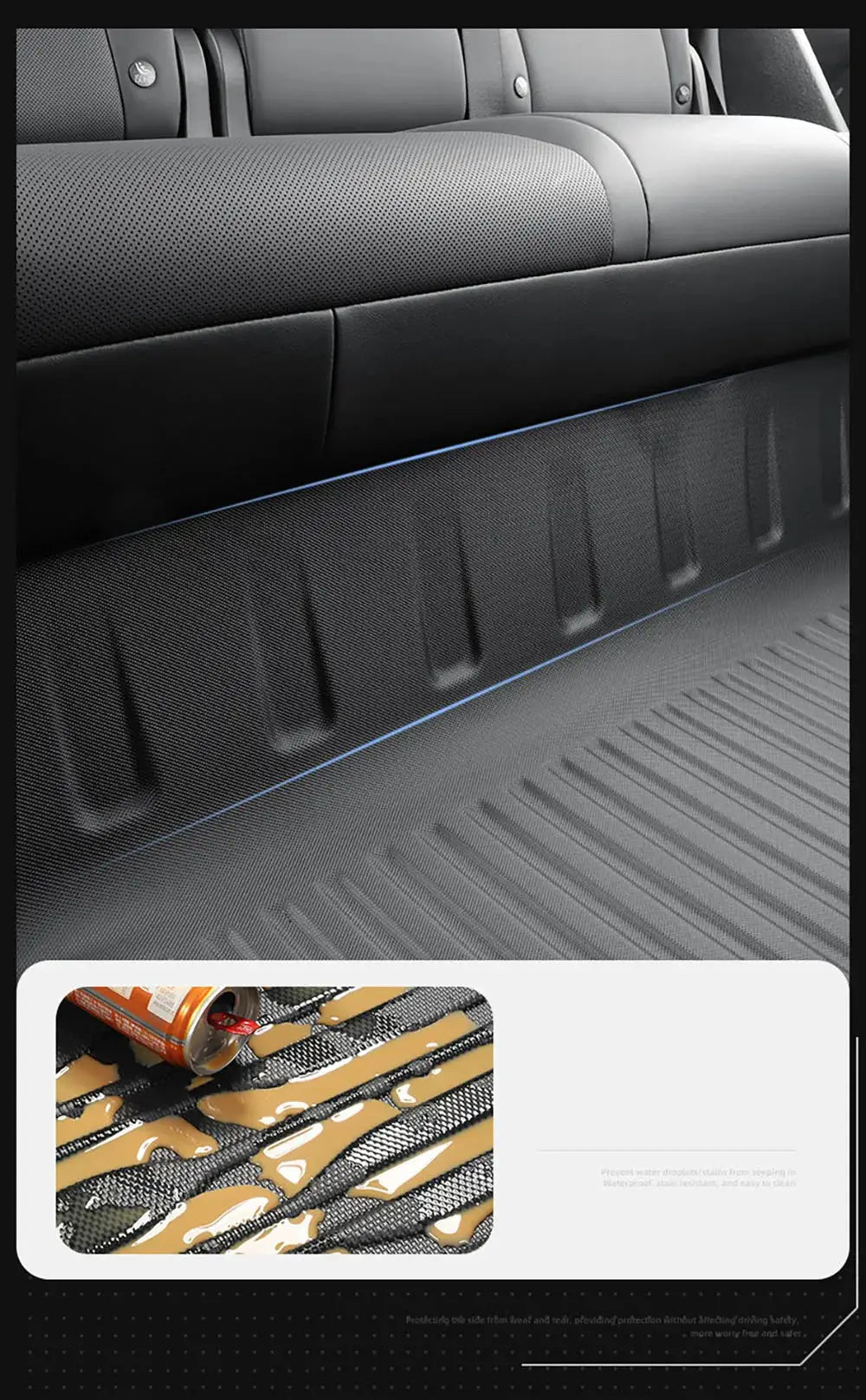 Floor mats for Tesla Model Y with door-sill protection strip, blue-edged all-weather cargo liner.