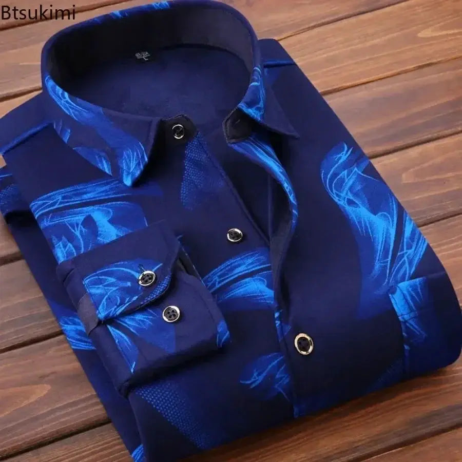 Simples Market men's navy long-sleeve shirt with blue abstract pattern and metal buttons