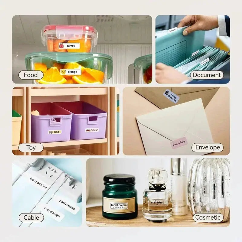 Niimbot D110 portable mini label printer; collage of 6 labeled items: food, docs, envelopes, toys, cables, cosmetics.