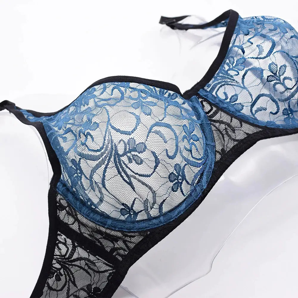 Womens lace underwire bra by Simples Market in blue with floral embroidery.