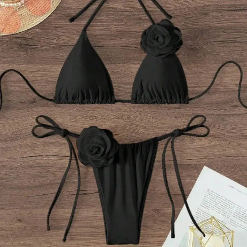 Sexy 3D Flowers Halter Strappy Bikini Women Swimwear Two Piece Swimsuit Set Size S To L For Beach Bathing