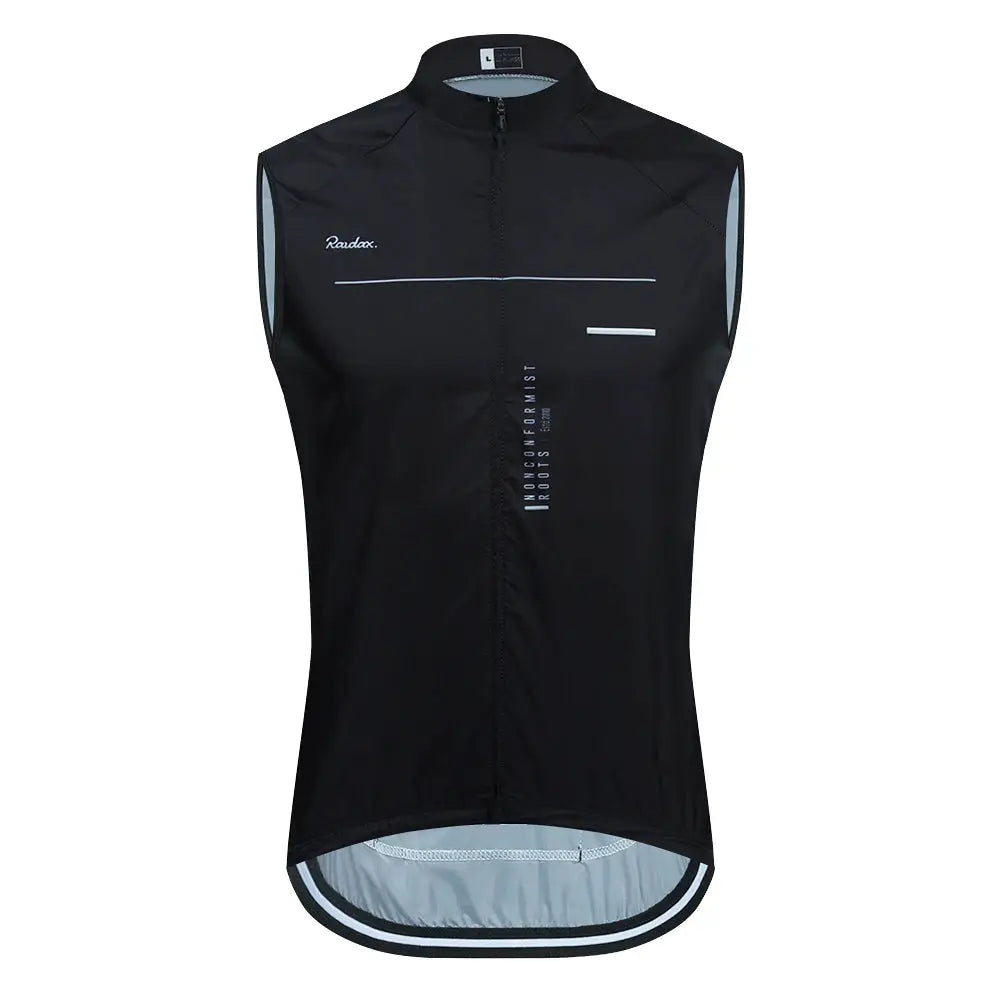Men's Raudax sleeveless cycling vest, black windproof gilet with white reflective accents