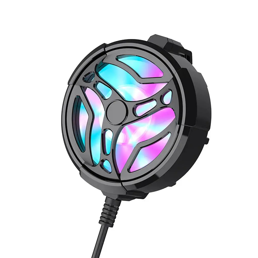 USB back-clip mobile phone cooling fan with iridescent blades, black circular design