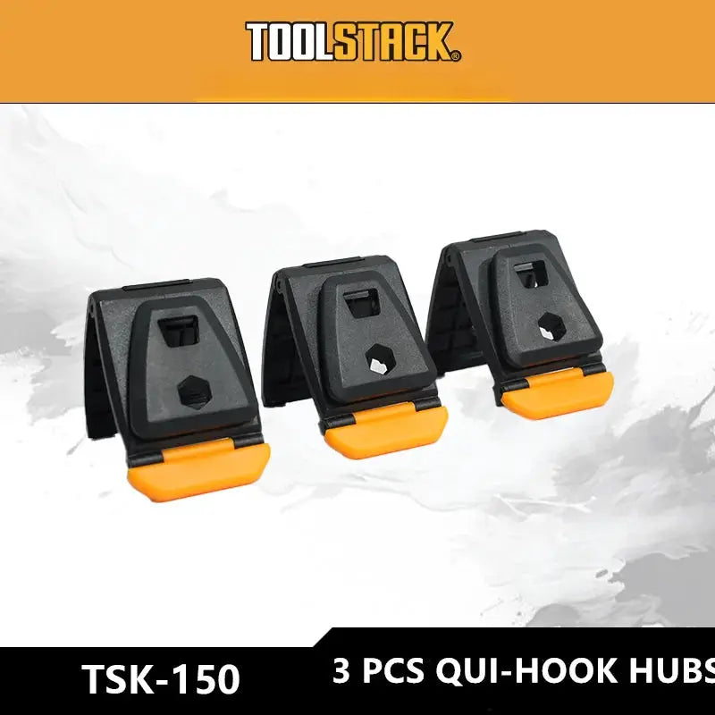 Three black TOOLSTACK quick-release belt clip hubs with orange release tabs