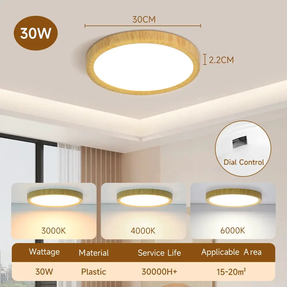 LED ceiling lamp by Simples Market with wooden ring, round 30W panel light, 3000K–6000K.