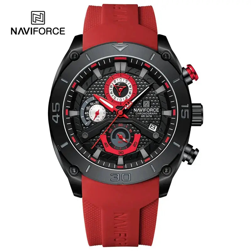 Naviforce men's sport chronograph watch with red silicone strap and black case