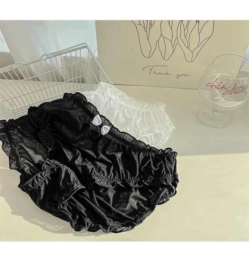 Women's large-size underwear set by Simples Market: black and white sheer ice-silk panties with ruffles, two pairs