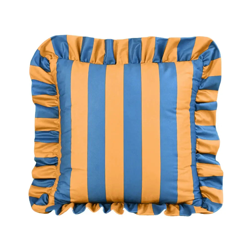 Striped blue and orange velvet pillowcase with ruffled edges, 18x18 inches.