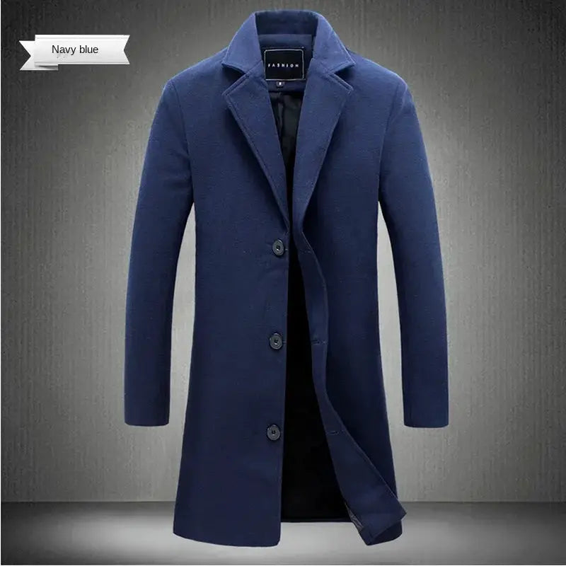 Men's navy blue wool-blend long coat with button-front closure