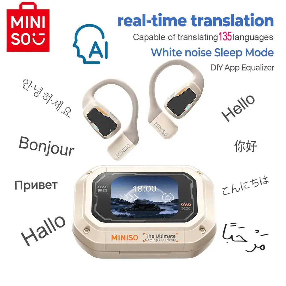MINISO M98 wireless earbuds with beige handheld LCD-screen device, 2 buds shown