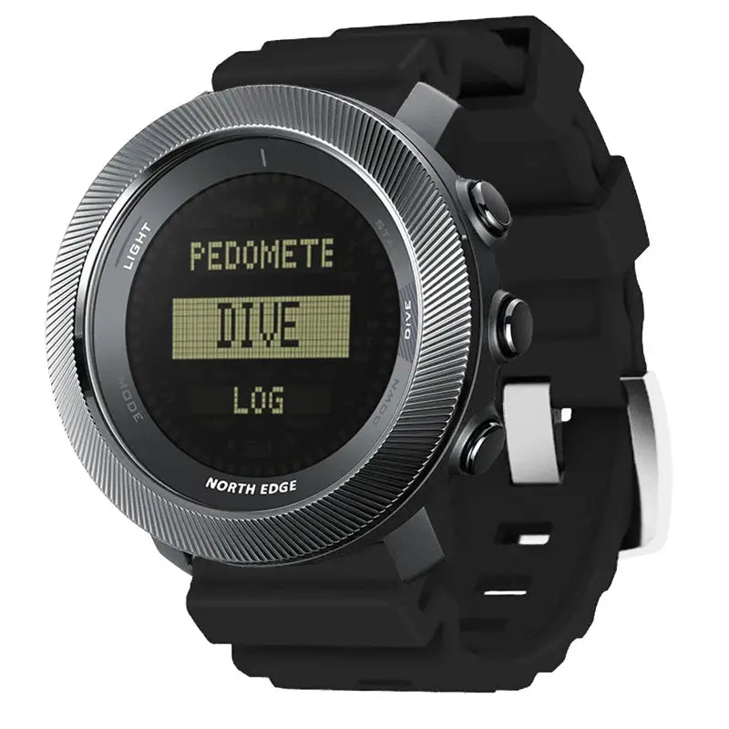 North Edge Apache-D digital dive watch with black silicone strap and silver bezel.