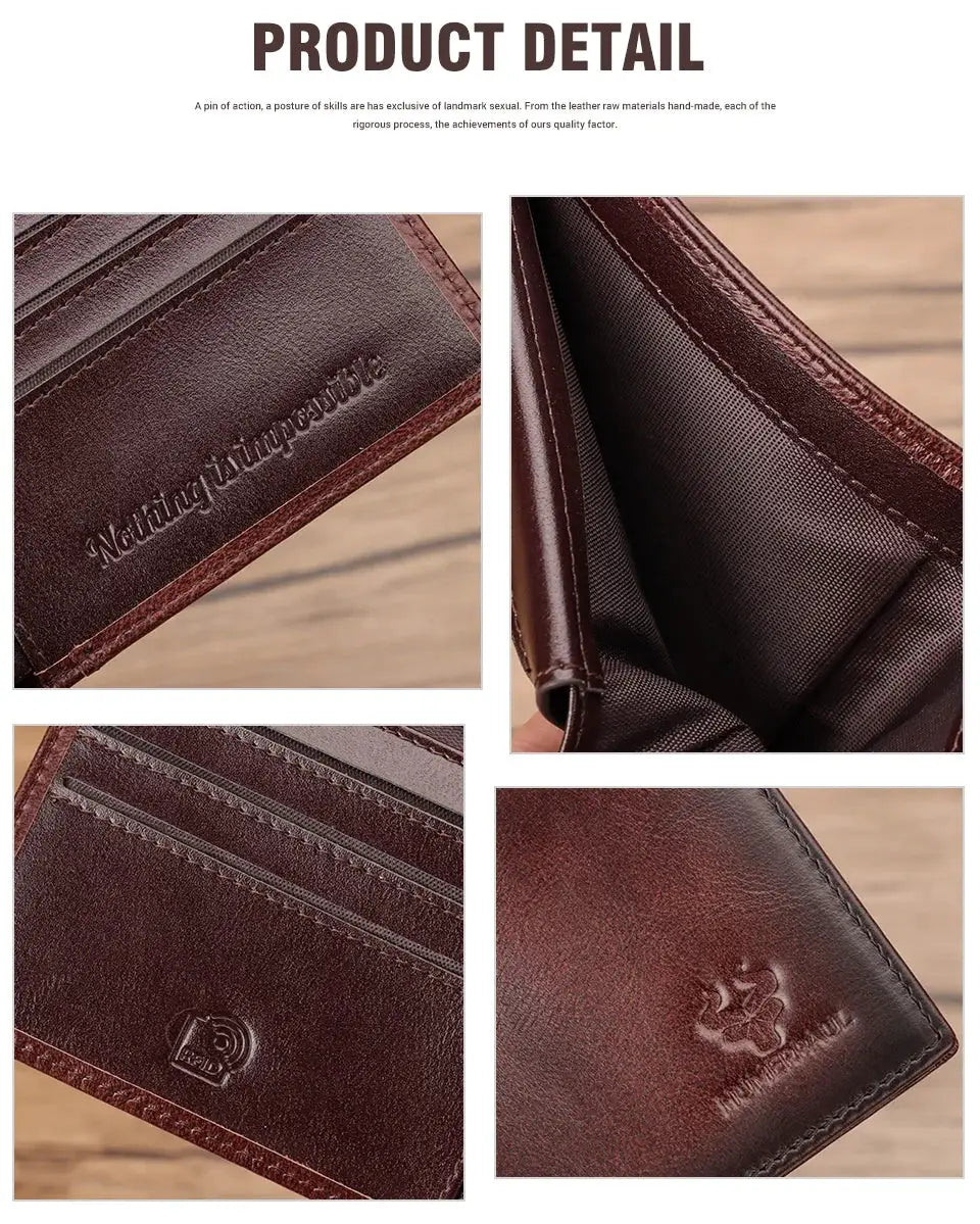KAVIS handmade men's wallet with RFID card holder, ID window, genuine brown leather