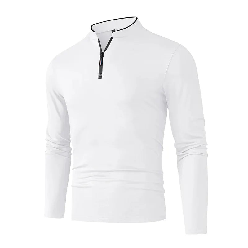 Men's white stand-collar half-zip long-sleeve pullover, slim-fit casual top