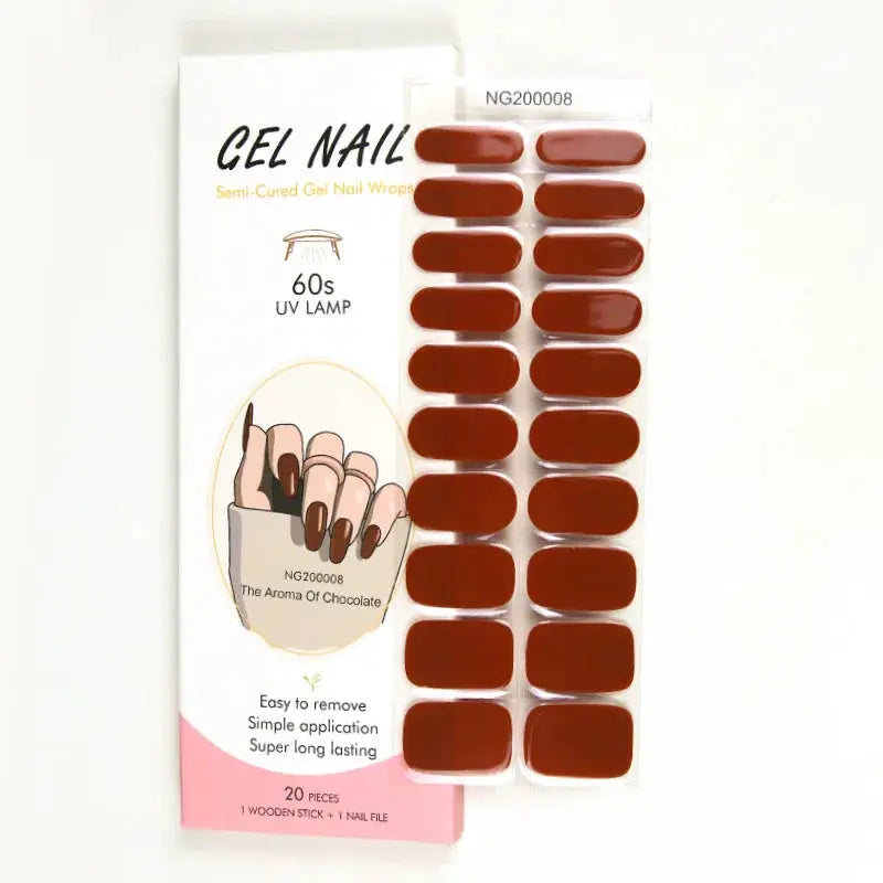 Gel nail wraps by Simples Market, burgundy-brown full-cover manicure set, 20 pieces