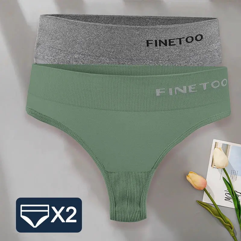 FINETOO 2-piece women's thong underwear set in green and grey; high-waist bodyshaper G-string style.
