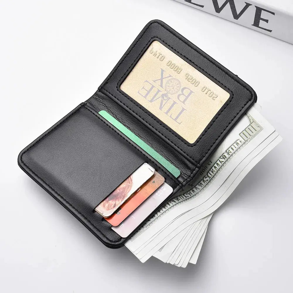 Black leather men's vertical multi-card wallet with ID window and cash compartment.