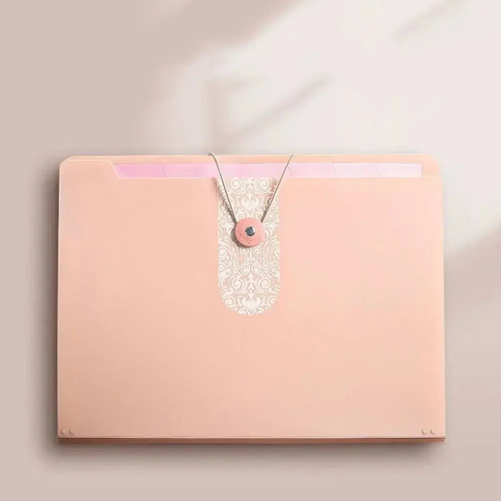 Pink A4 expanding file folder with decorative white lace strap and button closure