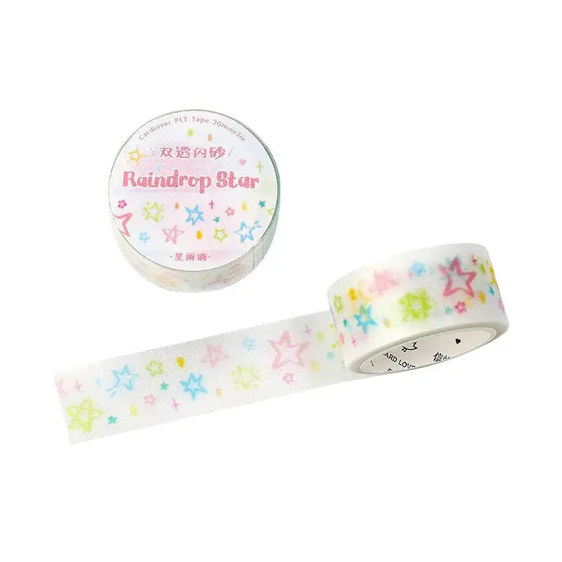 Decorative washi tape roll with pastel rainbow star pattern; 1 roll for journaling and scrapbooking