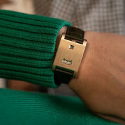 CILOA square gold-tone men's quartz watch with black leather strap